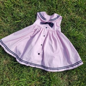 Vintage Pink and Navy Girls Sailor Dress Bow Collar Rockabilly 1950s Size 4